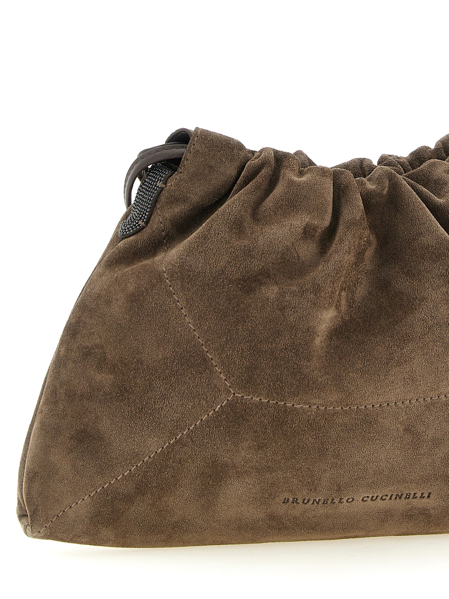 Drawstring Pouch Clutch Handbag by Brunello Cucinelli for women in suede calfskin leather brown & signature features a statuesque silhouette, showcasing a secure drawstring and organized with versatile shoulder-strap for statuesque evening wear.