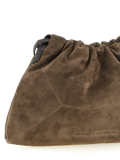 Drawstring Pouch Clutch Handbag by Brunello Cucinelli for women in suede calfskin leather brown & signature features a statuesque silhouette, showcasing a secure drawstring and organized with versatile shoulder-strap for statuesque evening wear.