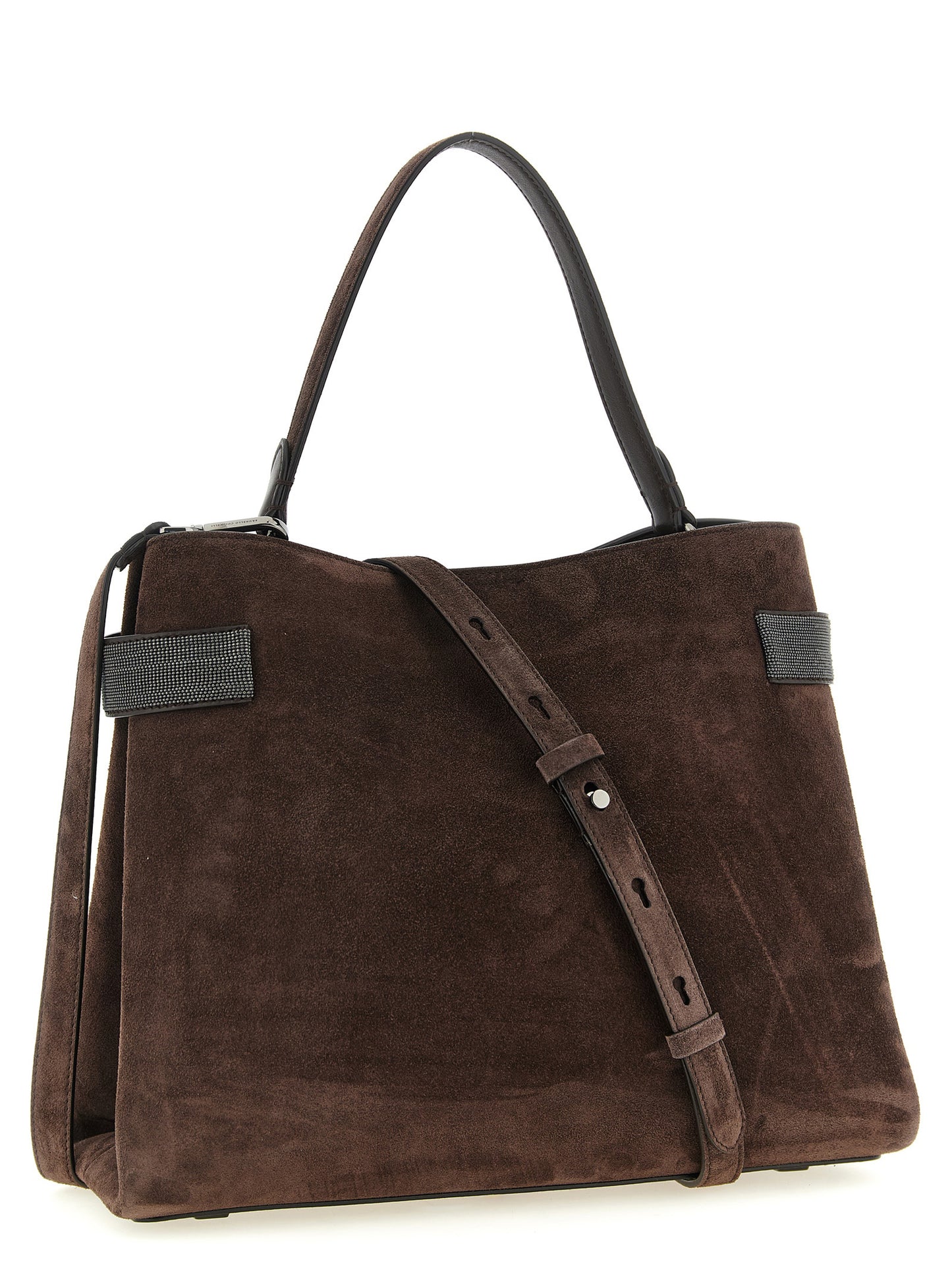 Handbag by Brunello Cucinelli for women in suede calfskin leather brown features a signature silhouette, showcasing a secure magnetic and signature with versatile shoulder-strap, handle & adjustable-strap for a sophisticated look.