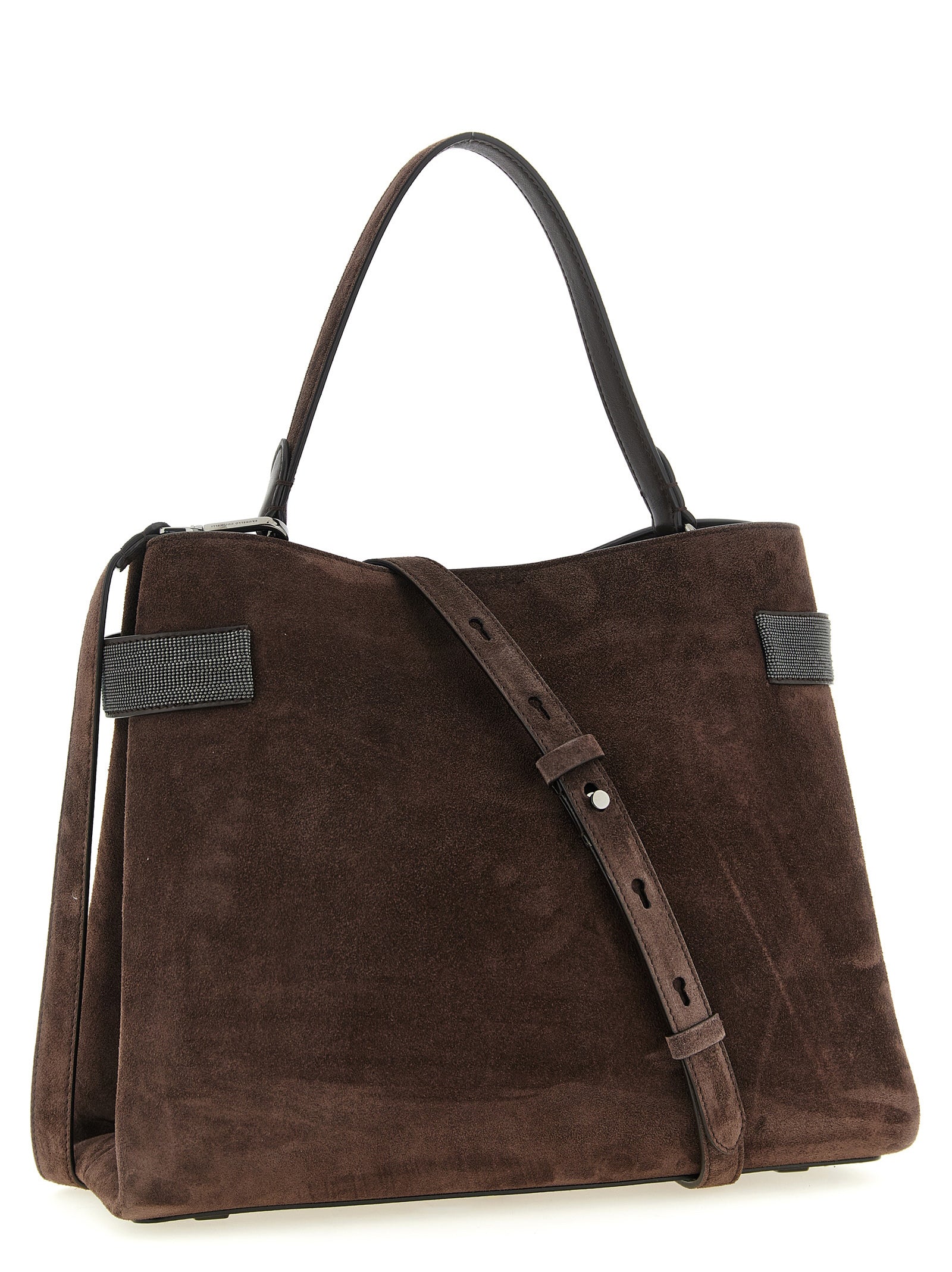Handbag by Brunello Cucinelli for women in suede calfskin leather brown features a signature silhouette, showcasing a secure magnetic and signature with versatile shoulder-strap, handle & adjustable-strap for a sophisticated look.