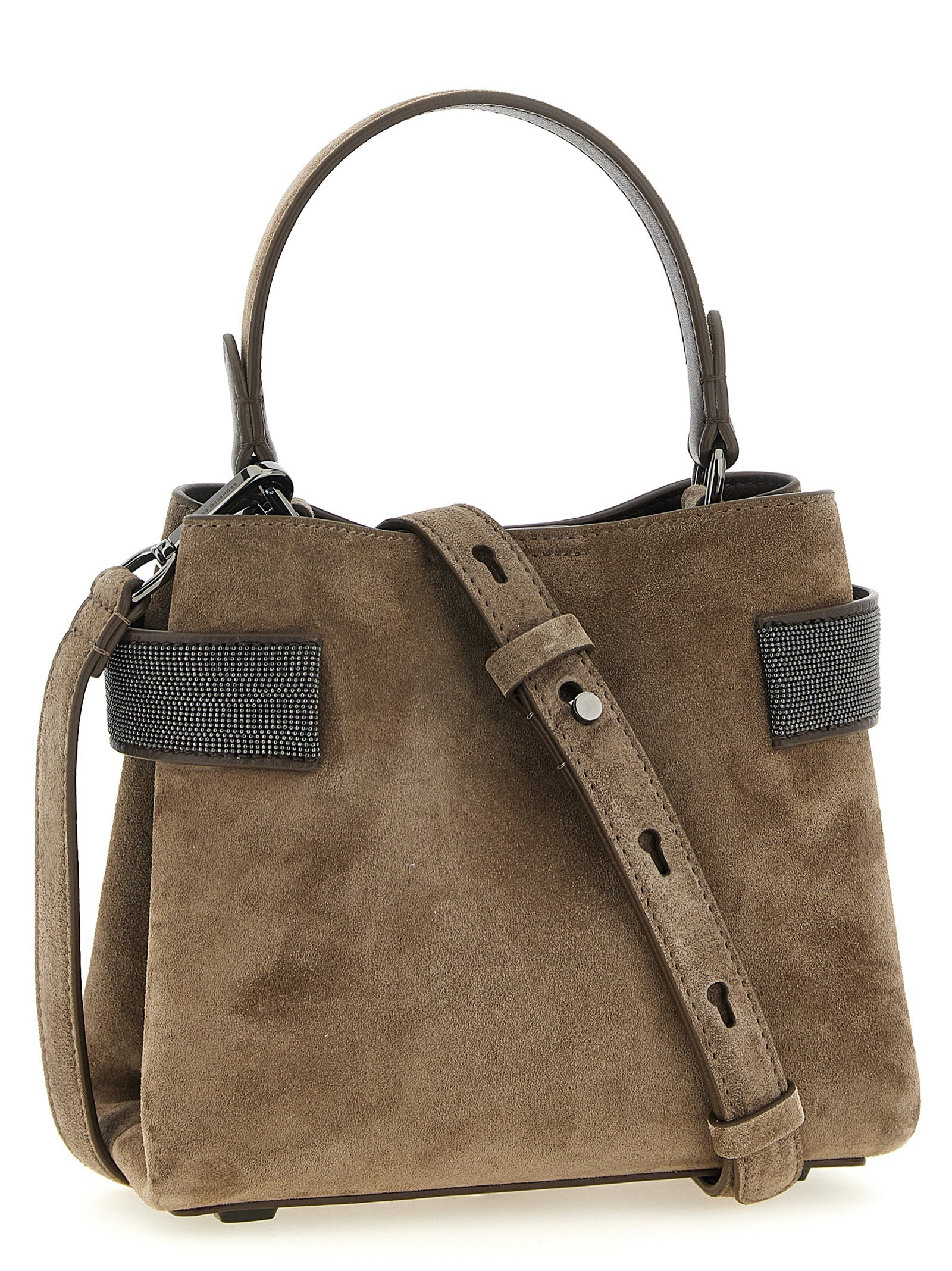 Handbag by Brunello Cucinelli for women in bos taurus suede calfskin leather brown features a contemporary silhouette, showcasing a secure , ample , and contemporary shoulder-strap for a sophisticated look.