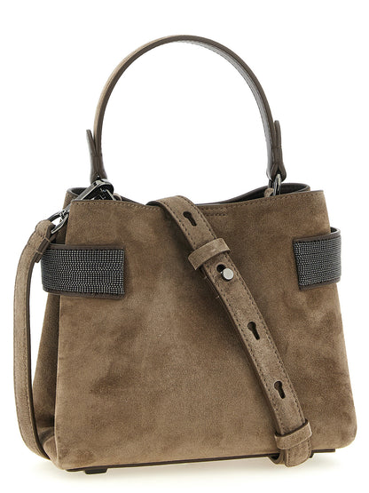 Handbag by Brunello Cucinelli for women in bos taurus suede calfskin leather brown features a contemporary silhouette, showcasing a secure , ample , and contemporary shoulder-strap for a sophisticated look.