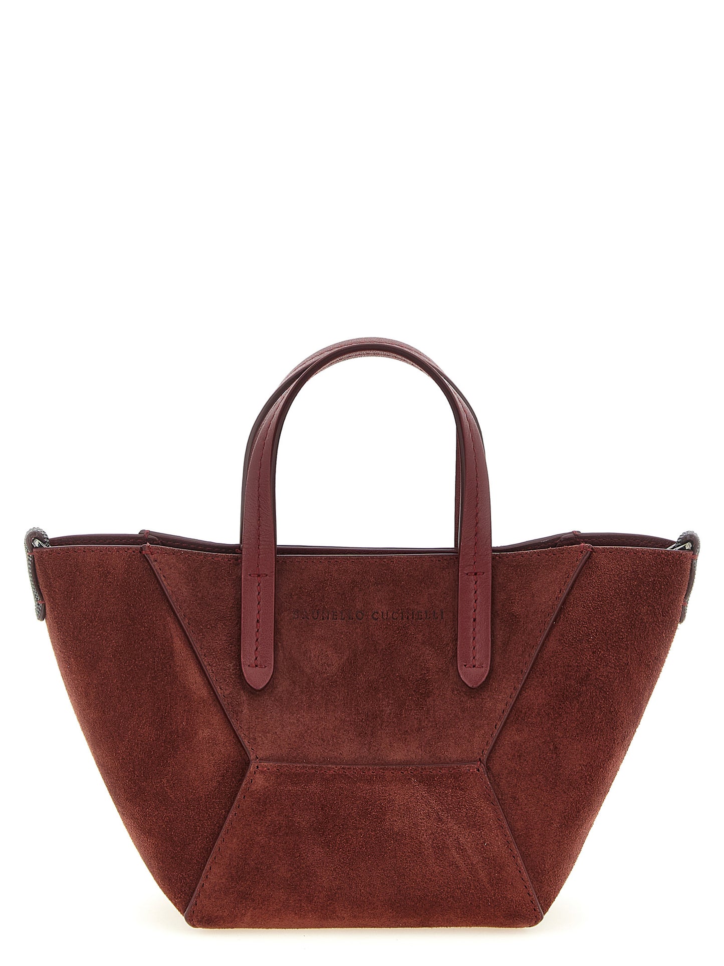 Mini Handbag by Brunello Cucinelli for women in suede calfskin leather bordeaux features an refined silhouette, showcasing a secure magnetic, ample , and versatile shoulder-strap, adjustable-strap & handle for a sophisticated refined aesthetic.