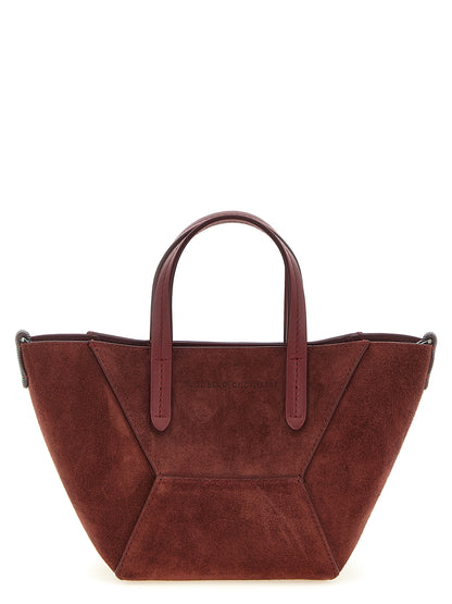 Mini Handbag by Brunello Cucinelli for women in suede calfskin leather bordeaux features an refined silhouette, showcasing a secure magnetic, ample , and versatile shoulder-strap, adjustable-strap & handle for a sophisticated refined aesthetic.