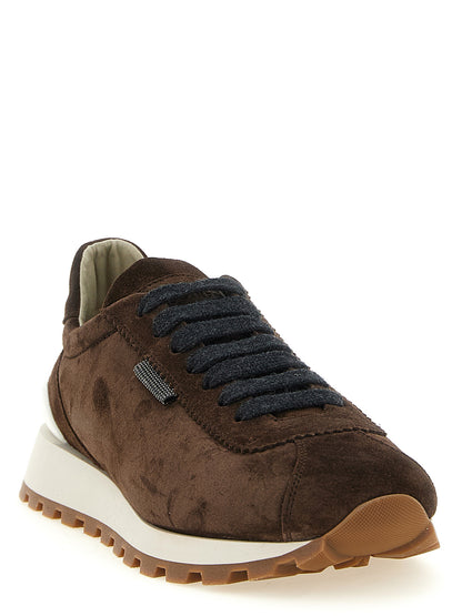 Athletic Sneakers by Brunello Cucinelli for women in bos taurus suede calfskin leather & tu brown presents a sleek silhouette, perfectly capturing the athletic style essence of Women's Athletic Bos Taurus Suede Calfskin Leather & TU Sneakers with its sleek design and premium finish.