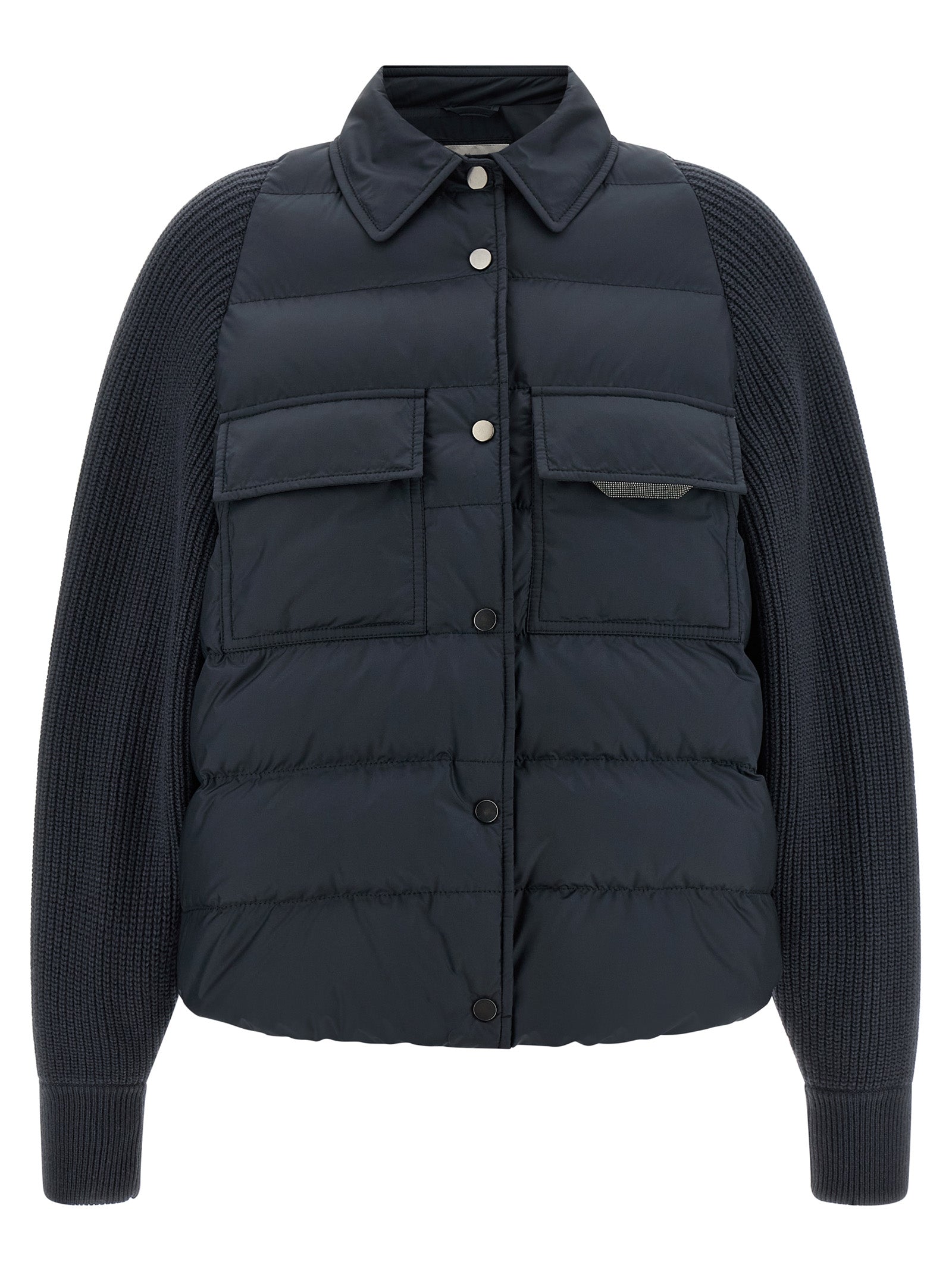 Puffer Jacket by Brunello Cucinelli for women in nylon polyester silk & cashmere virgin wool blue presents a effortlessly chic silhouette, showcasing a sophisticated shirt-collar neckline and premium insulated for a truly effortlessly chic finish.