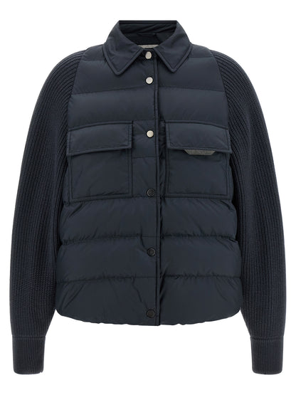 Puffer Jacket by Brunello Cucinelli for women in nylon polyester silk & cashmere virgin wool blue presents a effortlessly chic silhouette, showcasing a sophisticated shirt-collar neckline and premium insulated for a truly effortlessly chic finish.