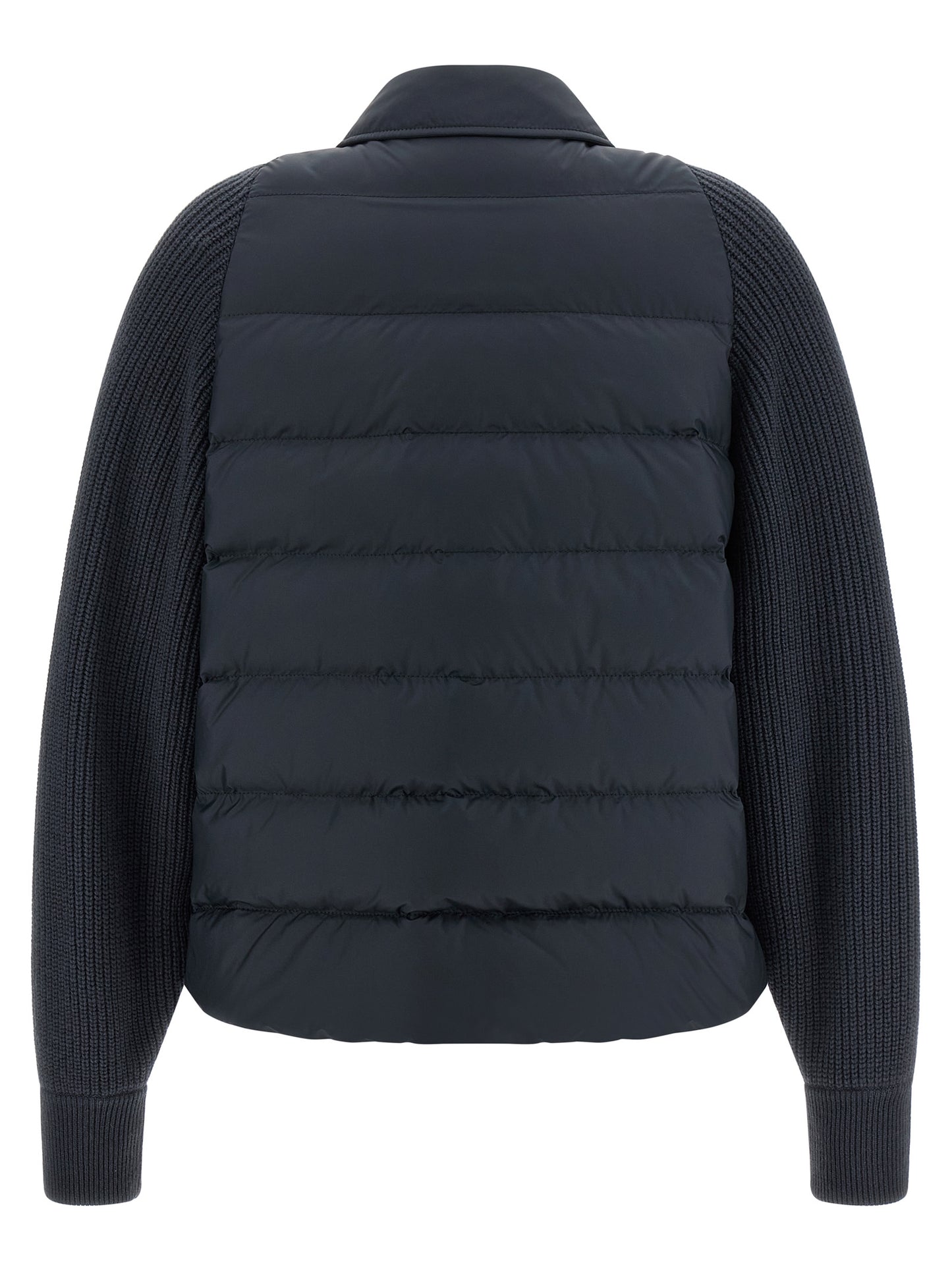 Puffer Jacket by Brunello Cucinelli for women in nylon polyester silk & cashmere virgin wool blue features a city-ready silhouette, detailed with insulated and a city-ready shirt-collar neckline.