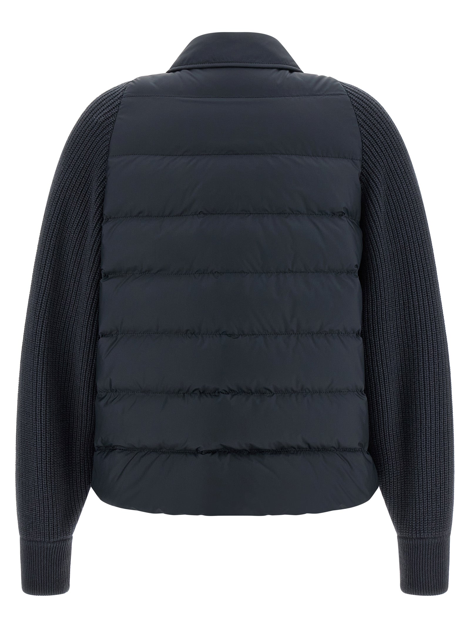 Puffer Jacket by Brunello Cucinelli for women in nylon polyester silk & cashmere virgin wool blue features a city-ready silhouette, detailed with insulated and a city-ready shirt-collar neckline.