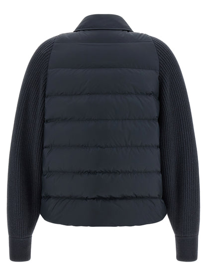 Puffer Jacket by Brunello Cucinelli for women in nylon polyester silk & cashmere virgin wool blue features a city-ready silhouette, detailed with insulated and a city-ready shirt-collar neckline.