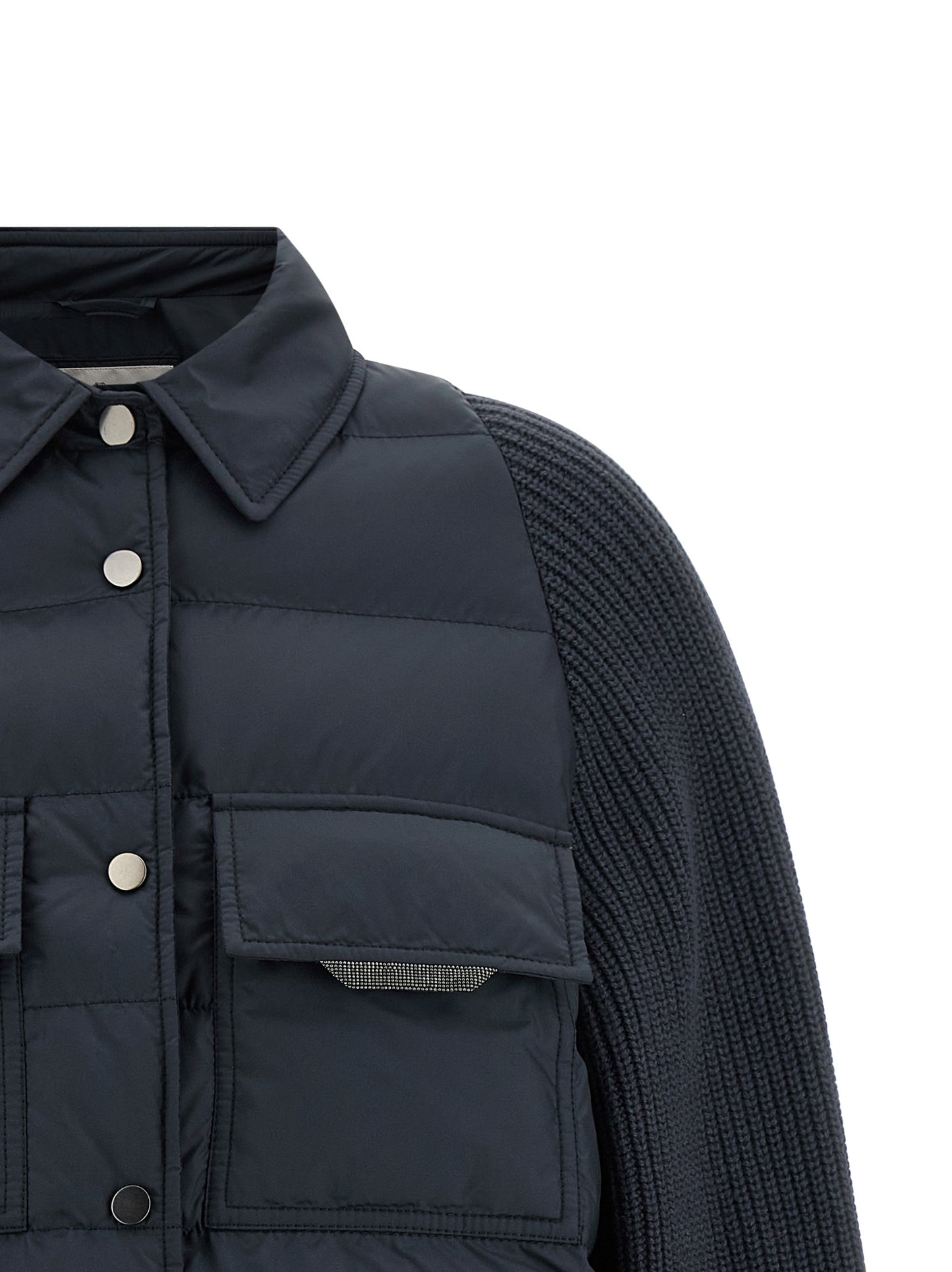 Puffer Jacket by Brunello Cucinelli for women in nylon polyester silk & cashmere virgin wool blue features a dramatic silhouette, showcasing a sophisticated shirt-collar neckline and distinctive insulated for a dramatic aesthetic.