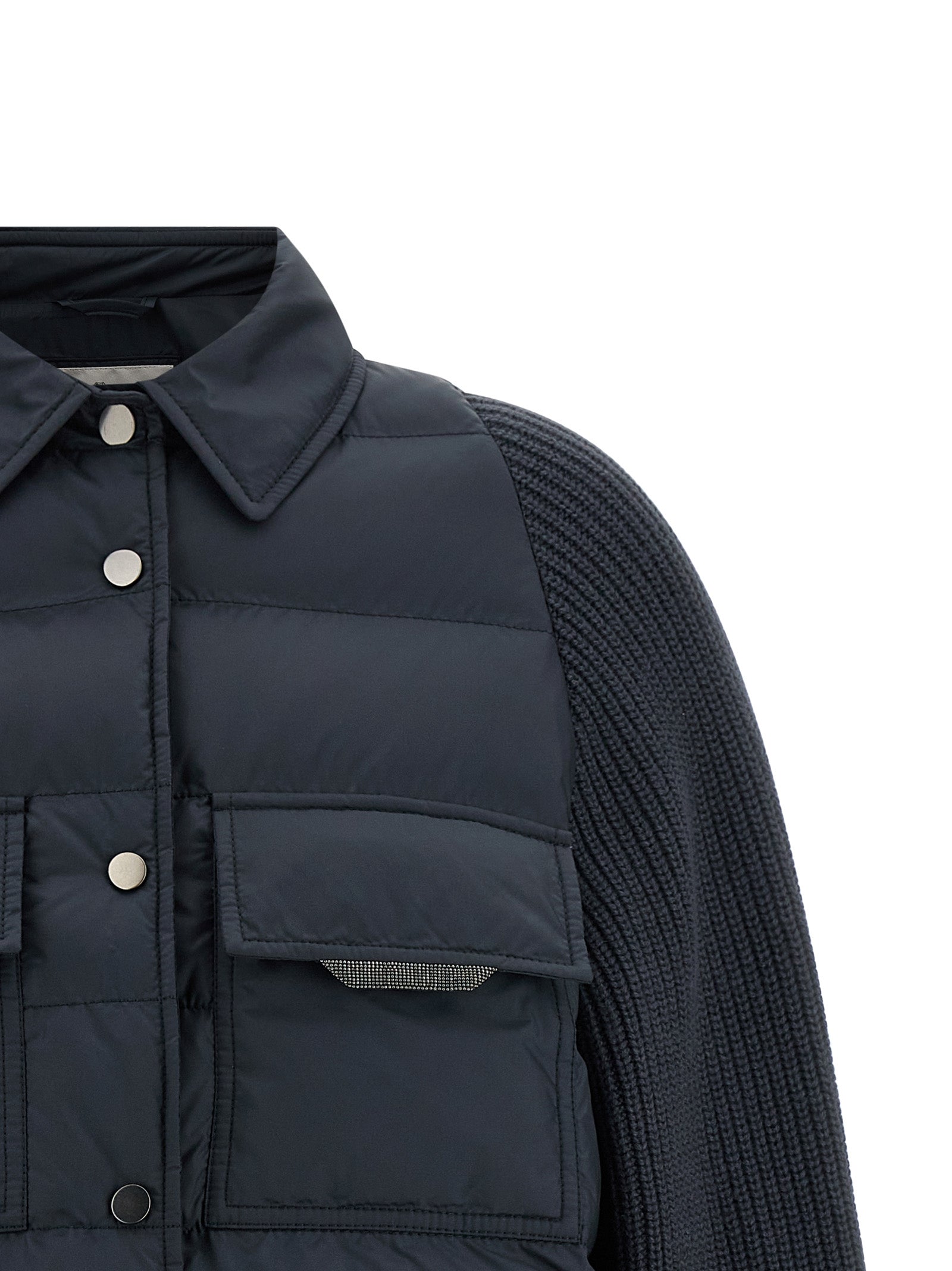 Puffer Jacket by Brunello Cucinelli for women in nylon polyester silk & cashmere virgin wool blue features a dramatic silhouette, showcasing a sophisticated shirt-collar neckline and distinctive insulated for a dramatic aesthetic.