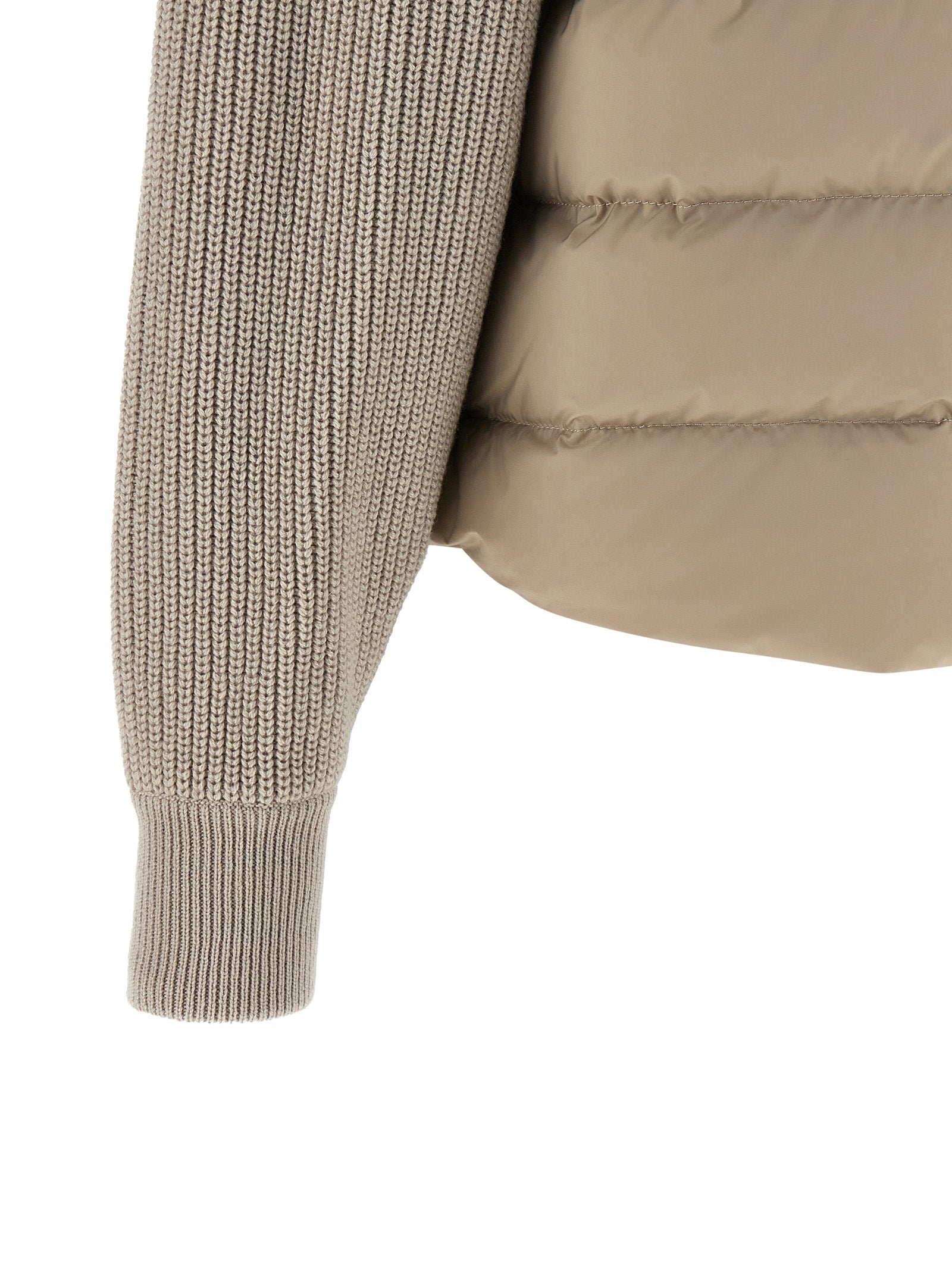 Puffer Jacket by Brunello Cucinelli for women in nylon polyester silk & cashmere virgin wool beige showcases a bohemian silhouette, artfully detailed with a bohemian shirt-collar neckline and signature insulated & windproof for a truly bohemian finish.