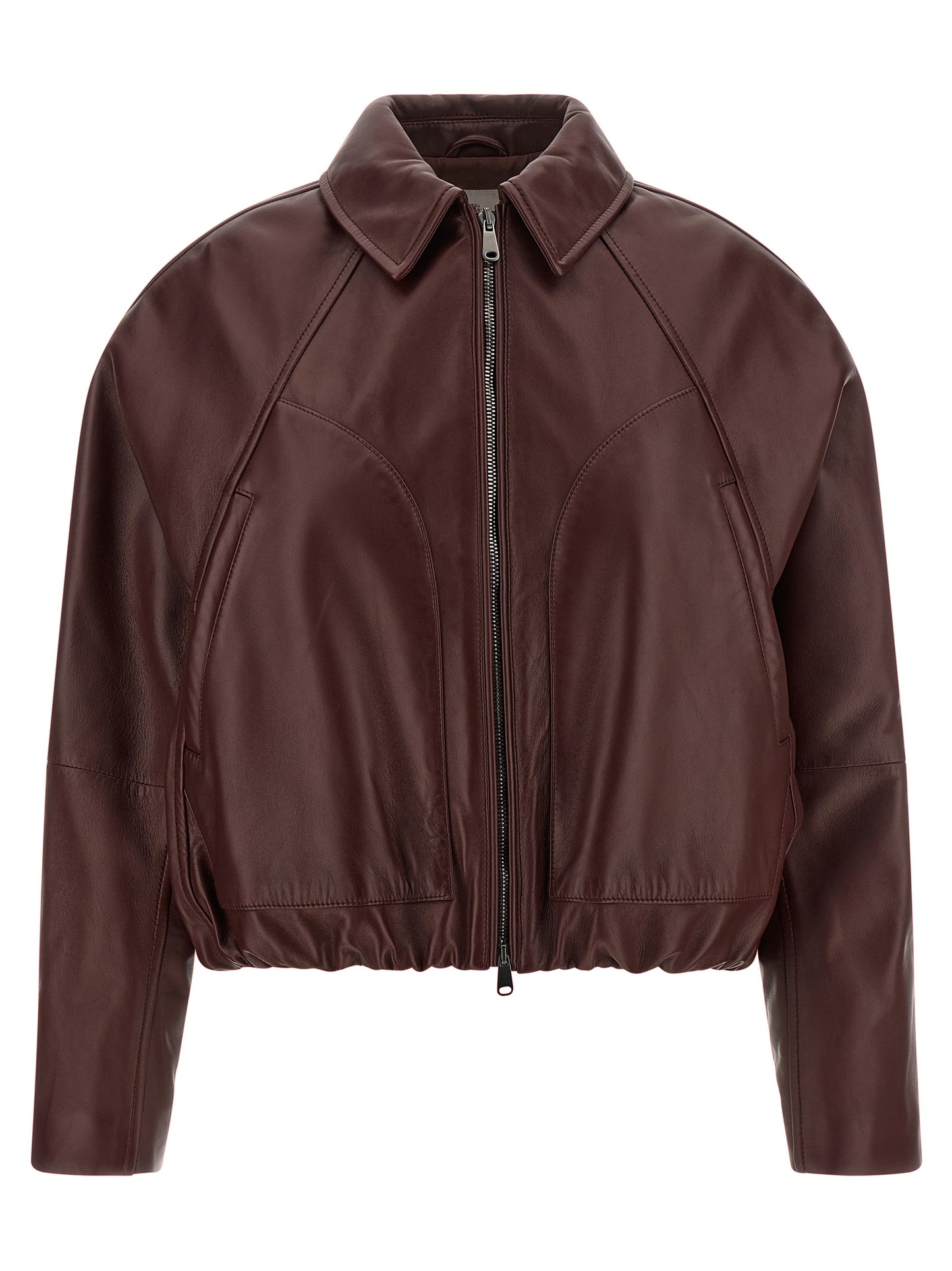 Brunello Cucinelli Women's Crop Top Padded Bos Taurus Suede Calfskin Leather & Silk Jacket - Bordeaux