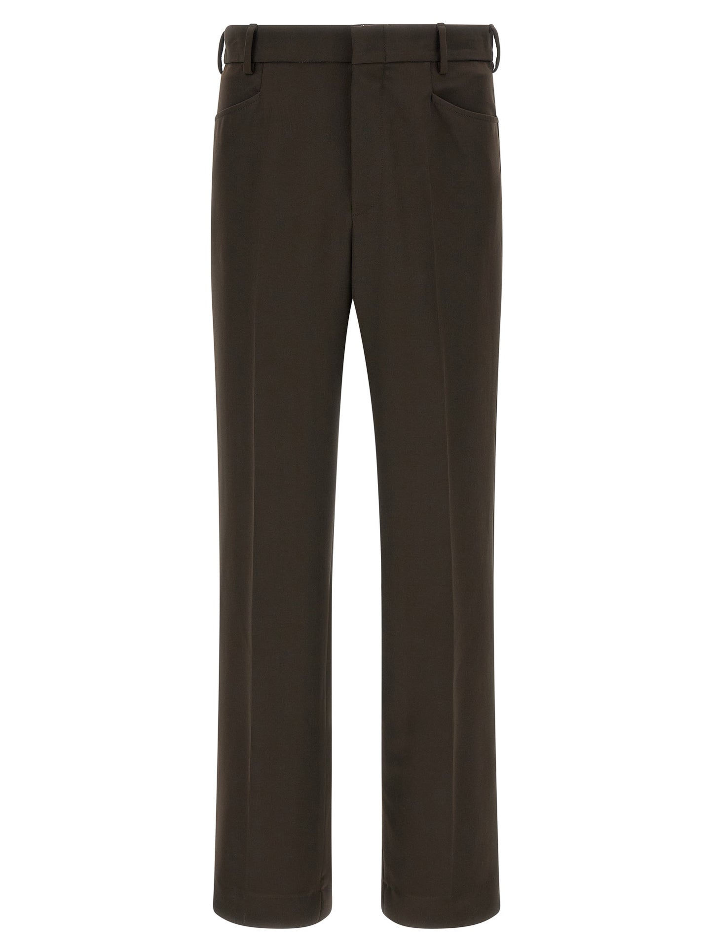 Trousers by SECOND/LAYER for men in stretch polyester brown features a sculptural silhouette, showcasing a sculptural straight-leg and long with a sophisticated for a sculptural finish.