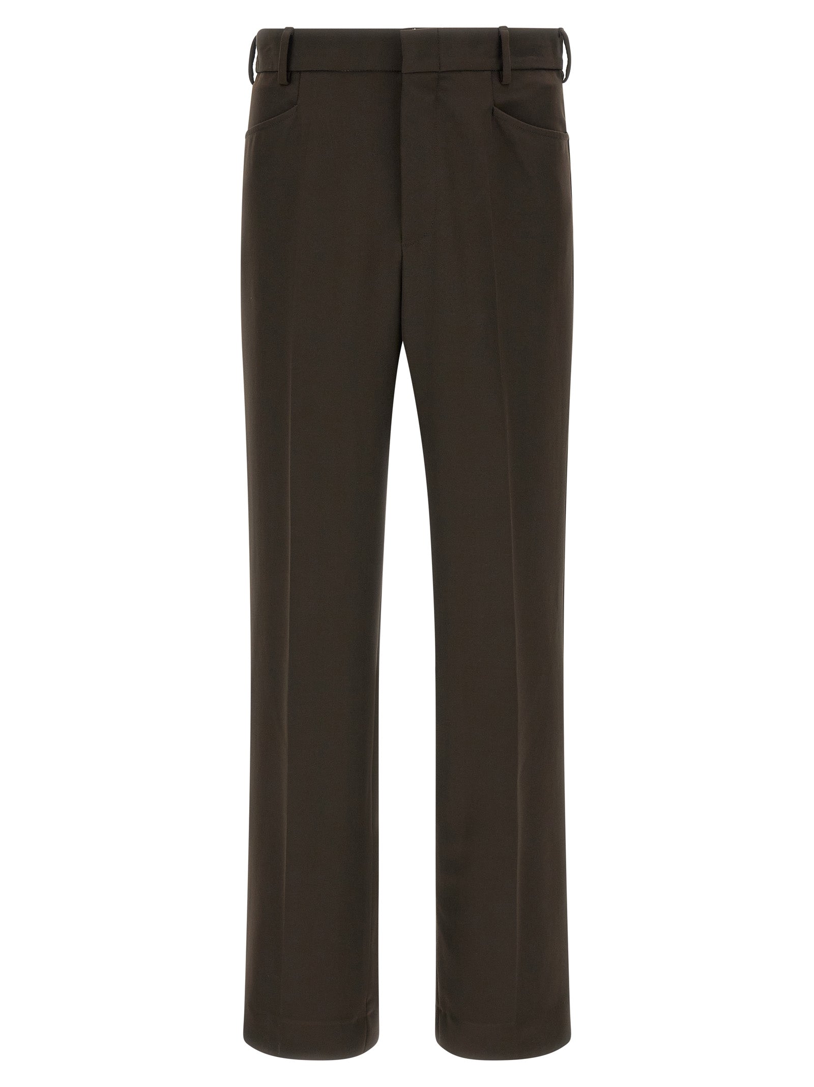 Trousers by SECOND/LAYER for men in stretch polyester brown features a sculptural silhouette, showcasing a sculptural straight-leg and long with a sophisticated for a sculptural finish.