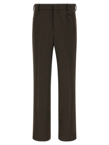 Trousers by SECOND/LAYER for men in stretch polyester brown features a sculptural silhouette, showcasing a sculptural straight-leg and long with a sophisticated for a sculptural finish.