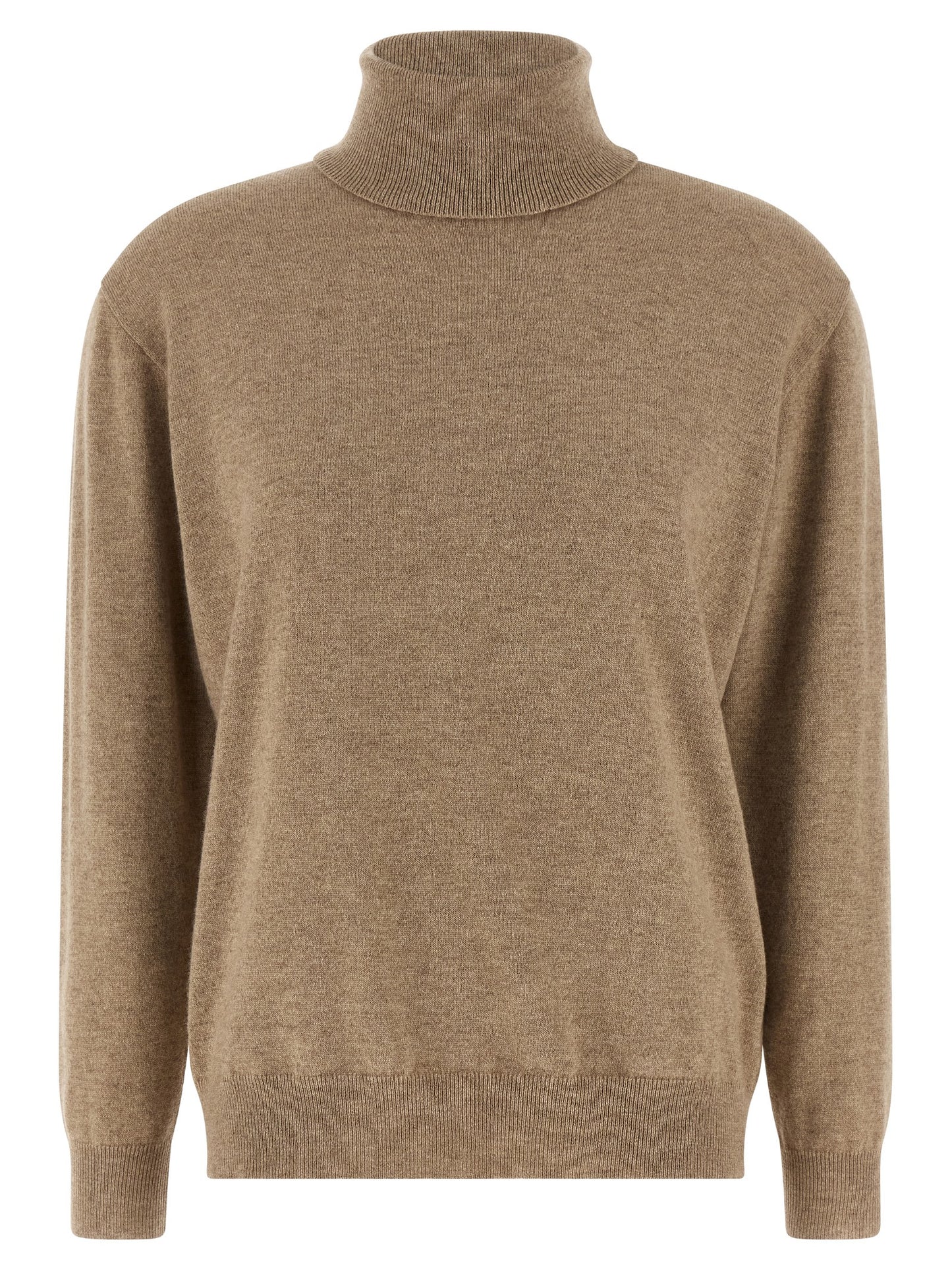 Cardigan by Brunello Cucinelli for women in cashmere beige features a nuanced silhouette with a refined high-neck neckline and nuanced long-sleeve detailing for a sophisticated look.