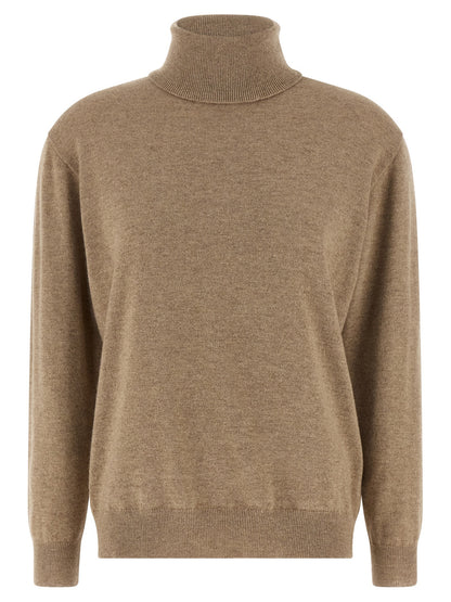 Cardigan by Brunello Cucinelli for women in cashmere beige features a nuanced silhouette with a refined high-neck neckline and nuanced long-sleeve detailing for a sophisticated look.