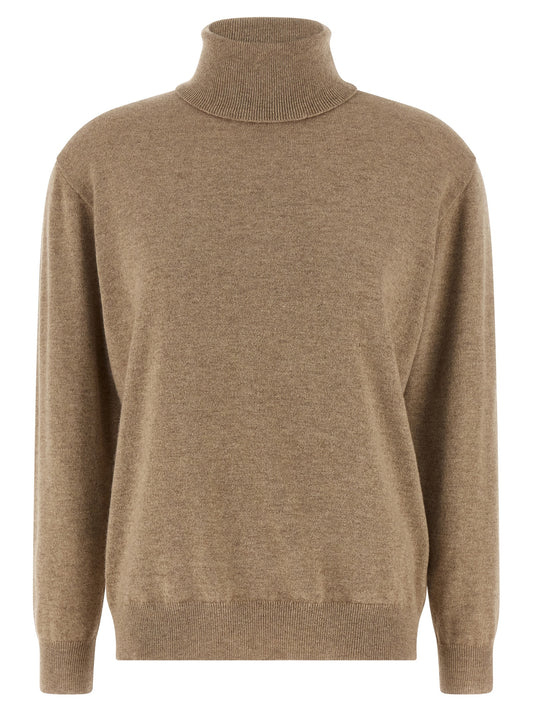 Cardigan by Brunello Cucinelli for women in cashmere beige features a nuanced silhouette with a refined high-neck neckline and nuanced long-sleeve detailing for a sophisticated look.