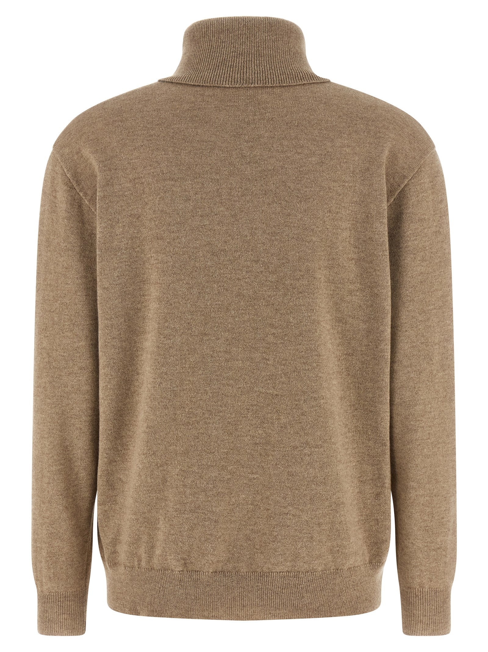 Cardigan by Brunello Cucinelli for women in cashmere beige features a dramatic silhouette, showcasing a sophisticated high-neck neckline and dramatic detail for a timeless, premium look.