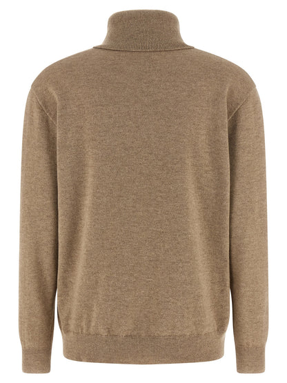 Cardigan by Brunello Cucinelli for women in cashmere beige features a dramatic silhouette, showcasing a sophisticated high-neck neckline and dramatic detail for a timeless, premium look.