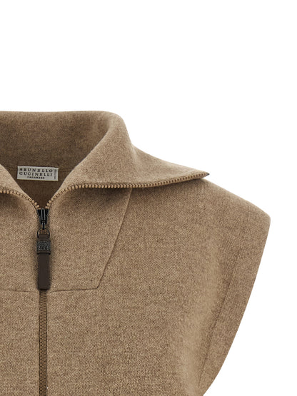 Vest by Brunello Cucinelli for women in polyamide leather & cashmere beige features a stylish silhouette, showcasing distinct pockets and a refined turtle neckline for a truly stylish finish.