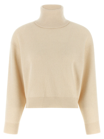 Cardigan by Brunello Cucinelli for women in silk cashmere virgin wool white features an crisp silhouette, showcasing a sophisticated high-neck neckline and long-sleeve detail for a truly crisp finish.