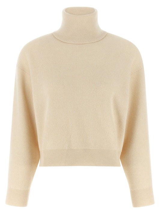 Cardigan by Brunello Cucinelli for women in silk cashmere virgin wool white features an crisp silhouette, showcasing a sophisticated high-neck neckline and long-sleeve detail for a truly crisp finish.