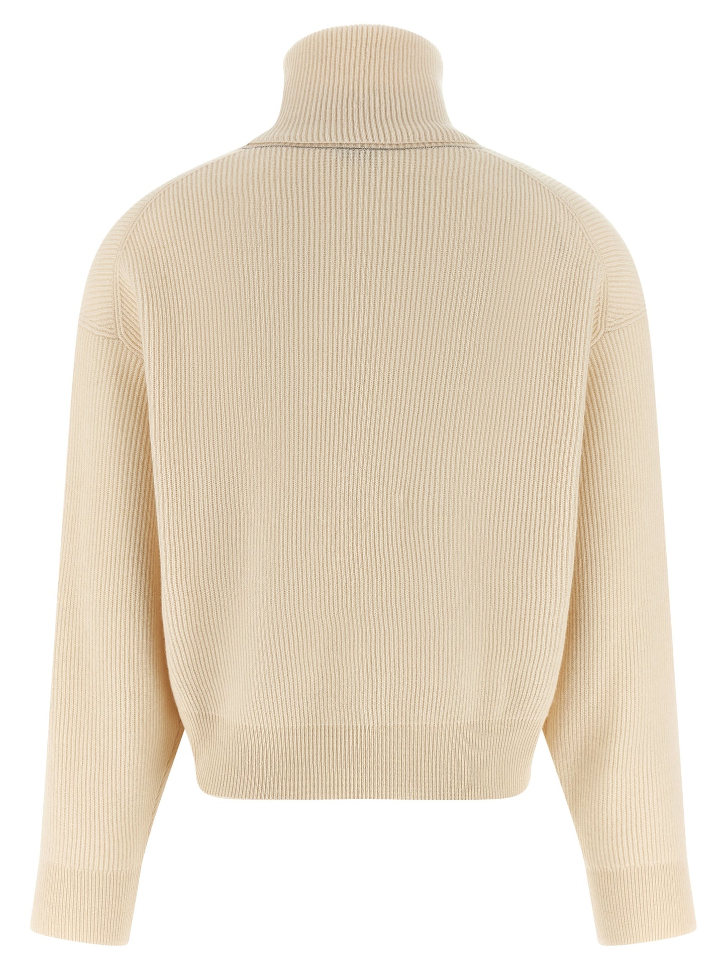 Cardigan by Brunello Cucinelli for women in silk cashmere virgin wool white showcases a captivating silhouette, artfully detailed with a captivating and high-neck neckline for a truly sophisticated captivating look.