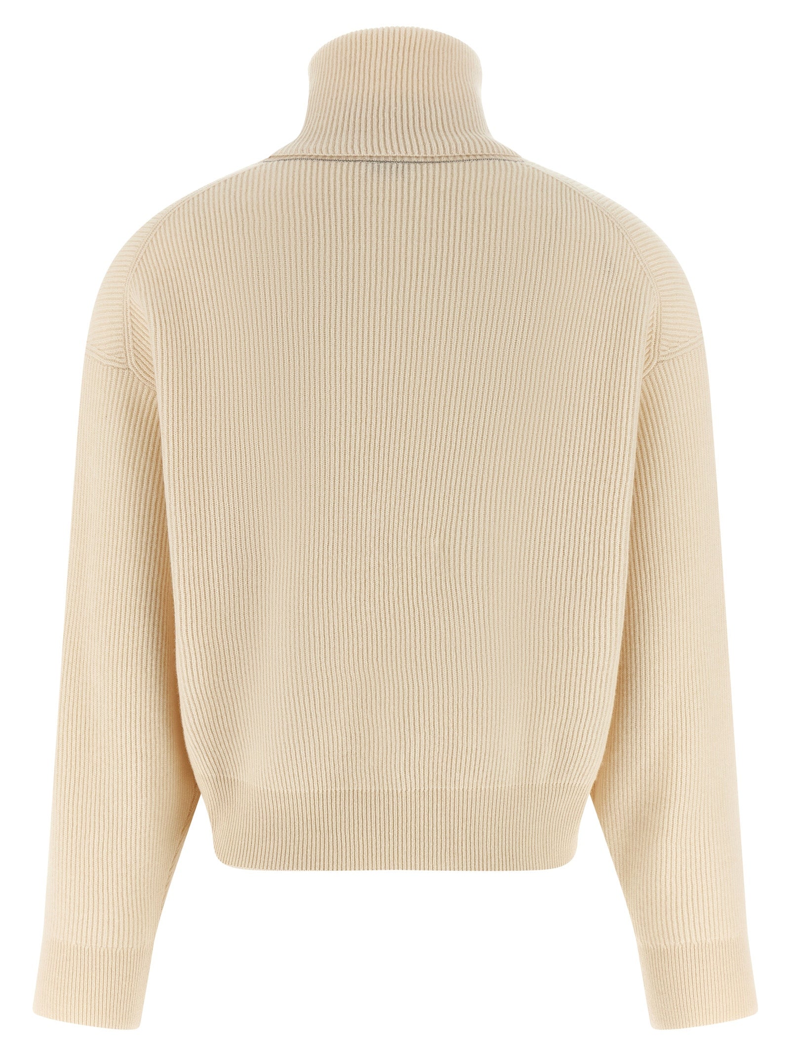 Cardigan by Brunello Cucinelli for women in silk cashmere virgin wool white showcases a captivating silhouette, artfully detailed with a captivating and high-neck neckline for a truly sophisticated captivating look.