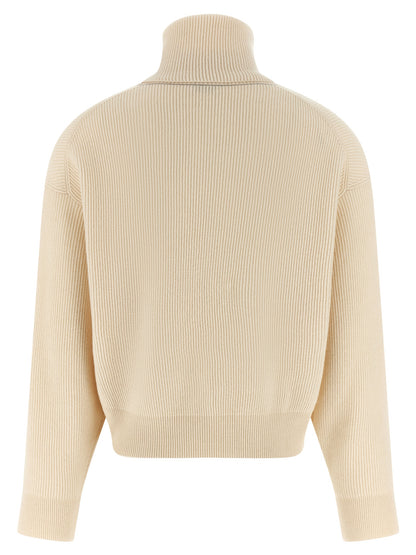 Cardigan by Brunello Cucinelli for women in silk cashmere virgin wool white showcases a captivating silhouette, artfully detailed with a captivating and high-neck neckline for a truly sophisticated captivating look.