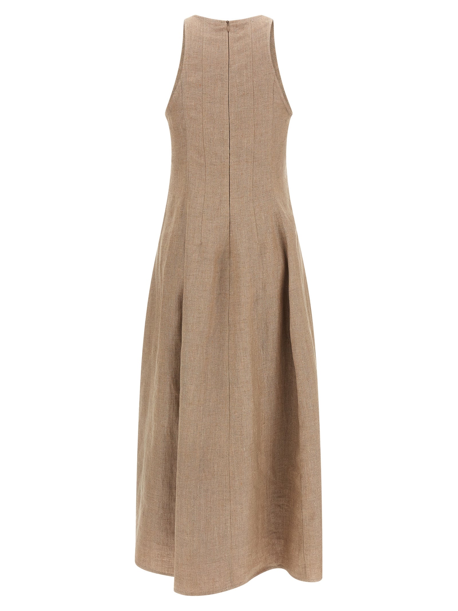 Dress by Brunello Cucinelli for women in silk linen polyester twill beige features an eye catching silhouette with a sophisticated , elegant , and a refined long for a eye catching aesthetic.