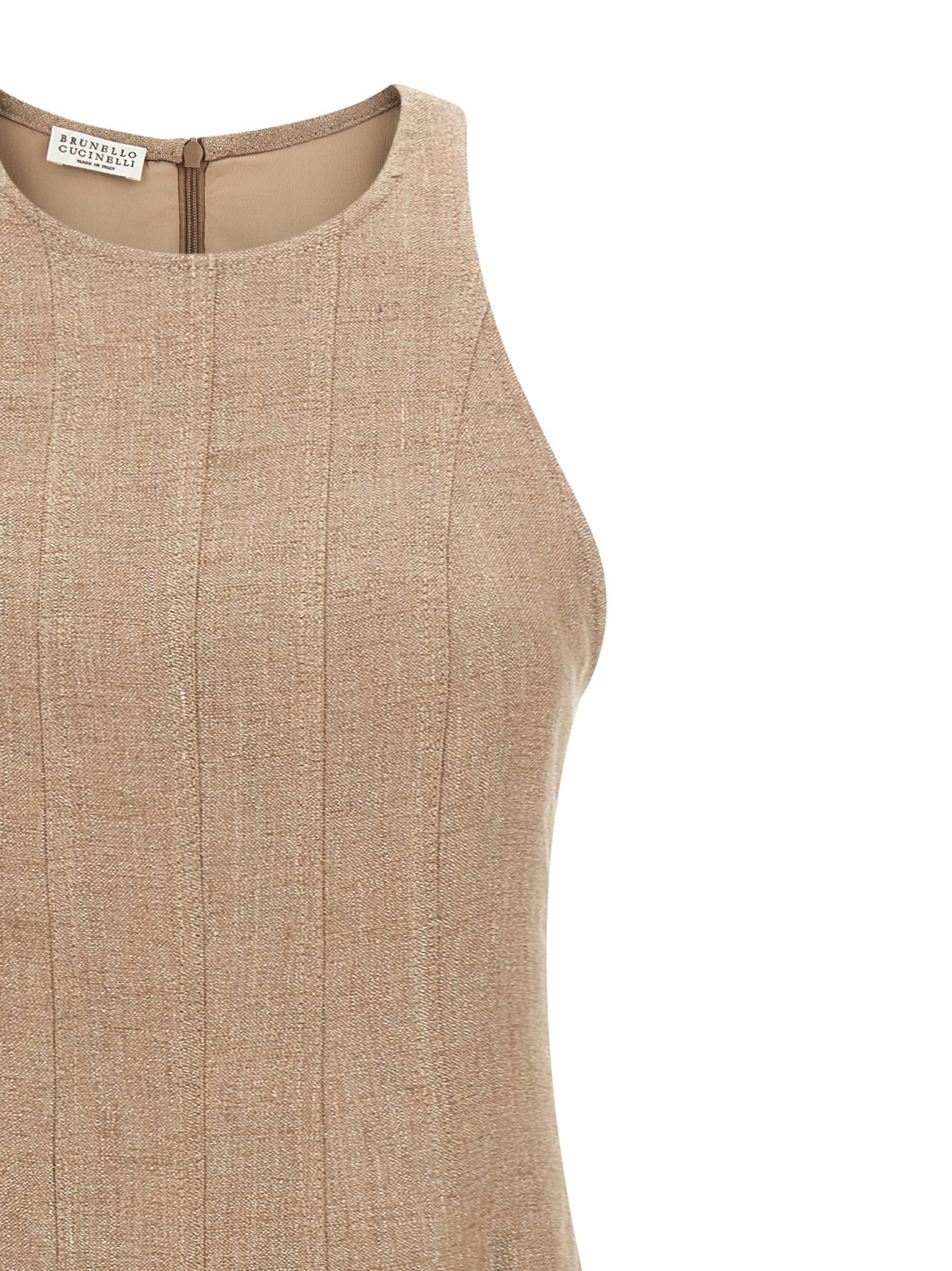 Dress by Brunello Cucinelli for women in silk linen polyester twill beige features a dramatic silhouette, showcasing an elegant and that flows into a dramatic long.