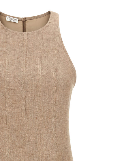 Dress by Brunello Cucinelli for women in silk linen polyester twill beige features a dramatic silhouette, showcasing an elegant and that flows into a dramatic long.