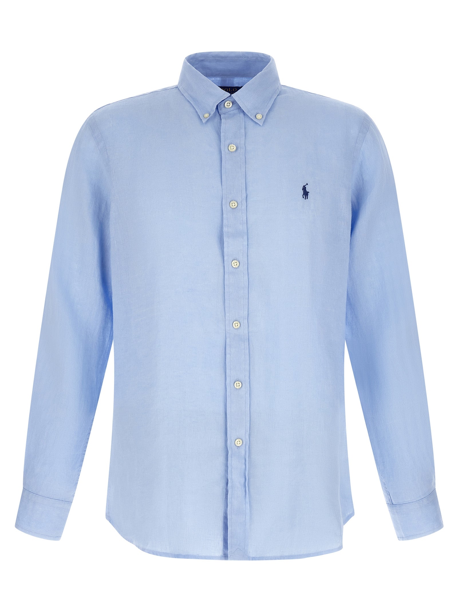 Shirt by Polo Ralph Lauren for men in linen light-blue & pearl features an architectural silhouette with a refined long-sleeve and elegant for a architectural look.