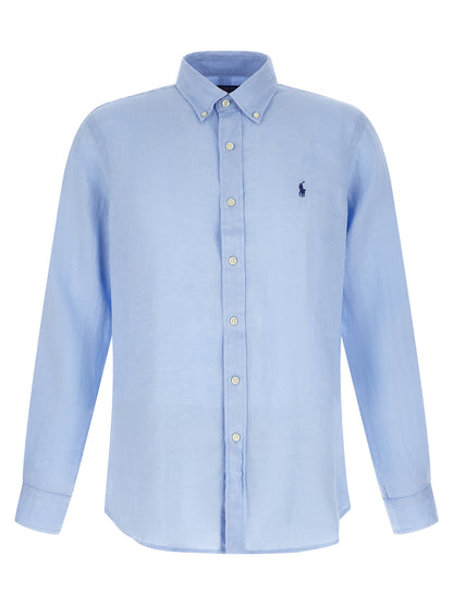 Shirt by Polo Ralph Lauren for men in linen light-blue & pearl features an architectural silhouette with a refined long-sleeve and elegant for a architectural look.