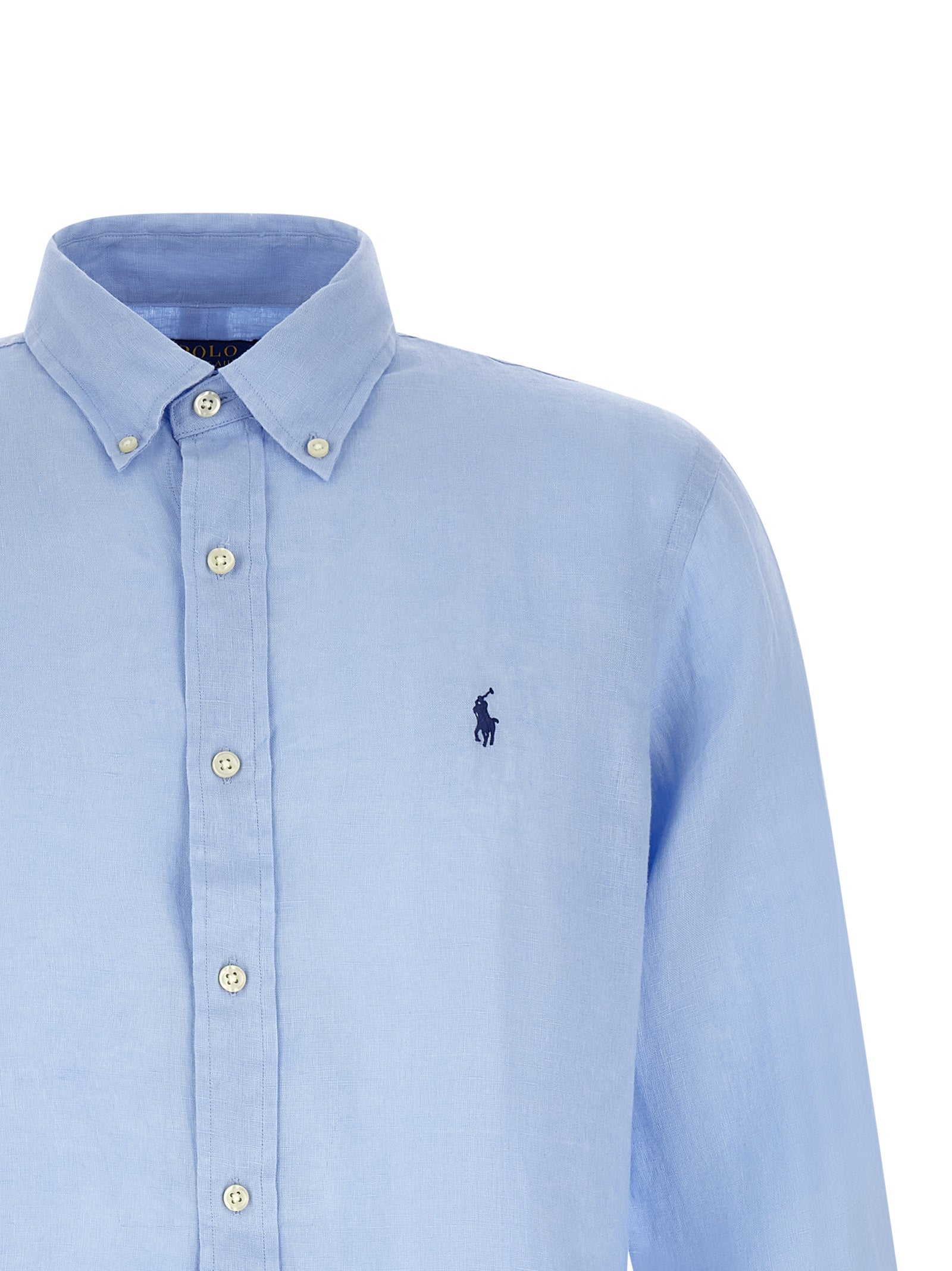 Shirt by Polo Ralph Lauren for men in linen light-blue & pearl showcases a sharp silhouette, elegantly detailed with a sharp and sharp .