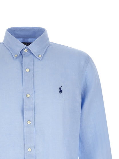 Shirt by Polo Ralph Lauren for men in linen light-blue & pearl showcases a sharp silhouette, elegantly detailed with a sharp and sharp .
