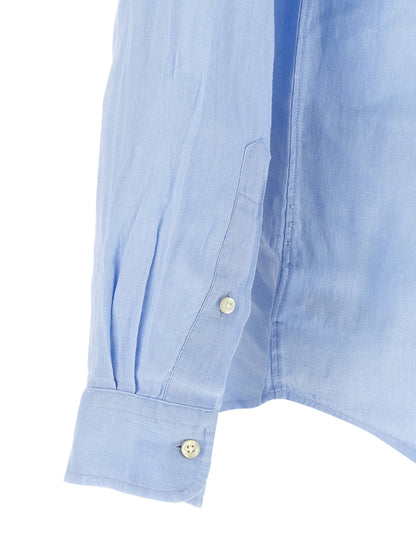 Shirt by Polo Ralph Lauren for men in linen light-blue & pearl showcases a sublime silhouette, artfully detailed with a sublime and for a sophisticated, sublime finish.