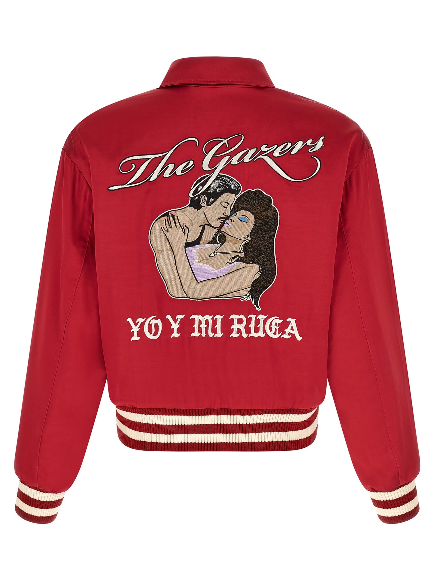 Bomber Jacket by SECOND/LAYER for men in satin viscose multicolor & red features a dramatic silhouette, showcasing a sophisticated shirt-collar neckline and distinctive pockets for a dramatic aesthetic.