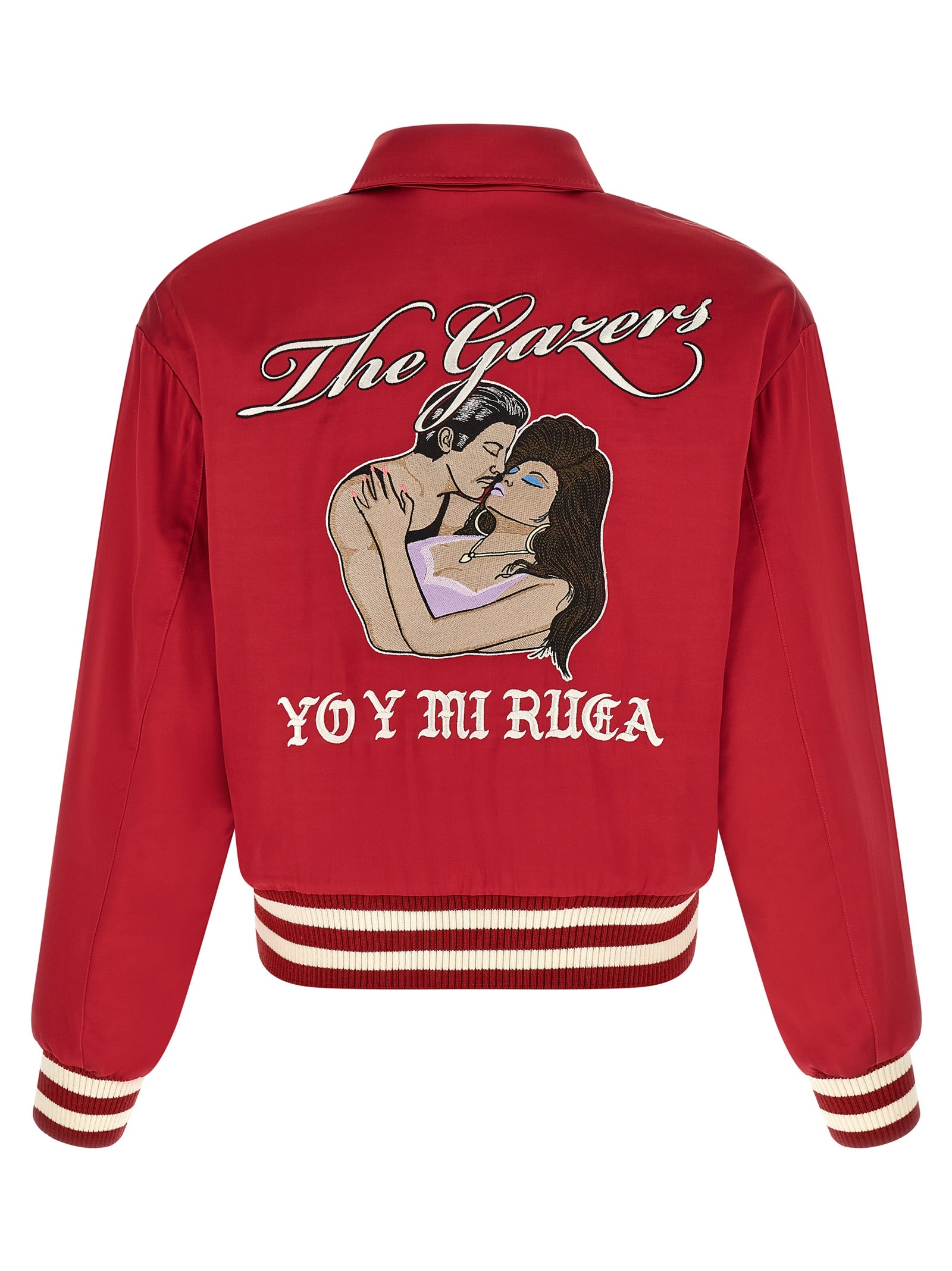Bomber Jacket by SECOND/LAYER for men in satin viscose multicolor & red features a dramatic silhouette, showcasing a sophisticated shirt-collar neckline and distinctive pockets for a dramatic aesthetic.