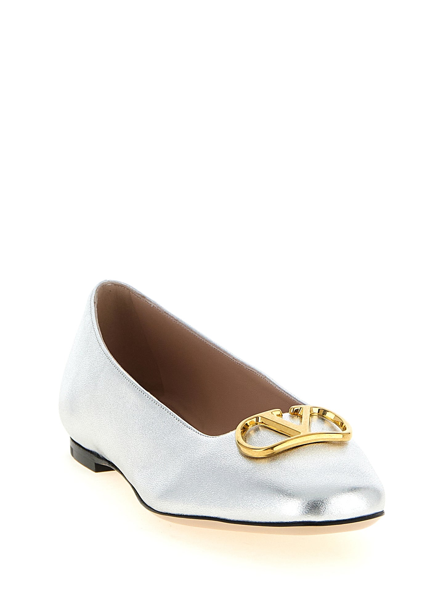 Ballet Flat Shoes by Valentino Garavani for women in lamb leather silver & signature showcases a dynamic silhouette, artfully capturing V Logo Women's Lamb Leather Ballet Flat Shoes through its distinctive and elegant square toe style.