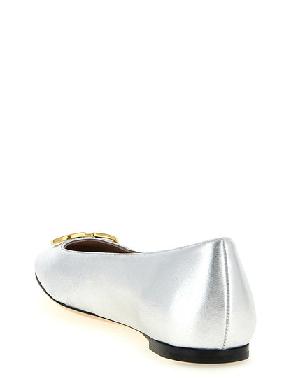 Ballet Flat Shoes by Valentino Garavani for women in lamb leather silver & signature showcases a resplendent V Logo Women's Lamb Leather Ballet Flat Shoes aesthetic with a and square toe style.