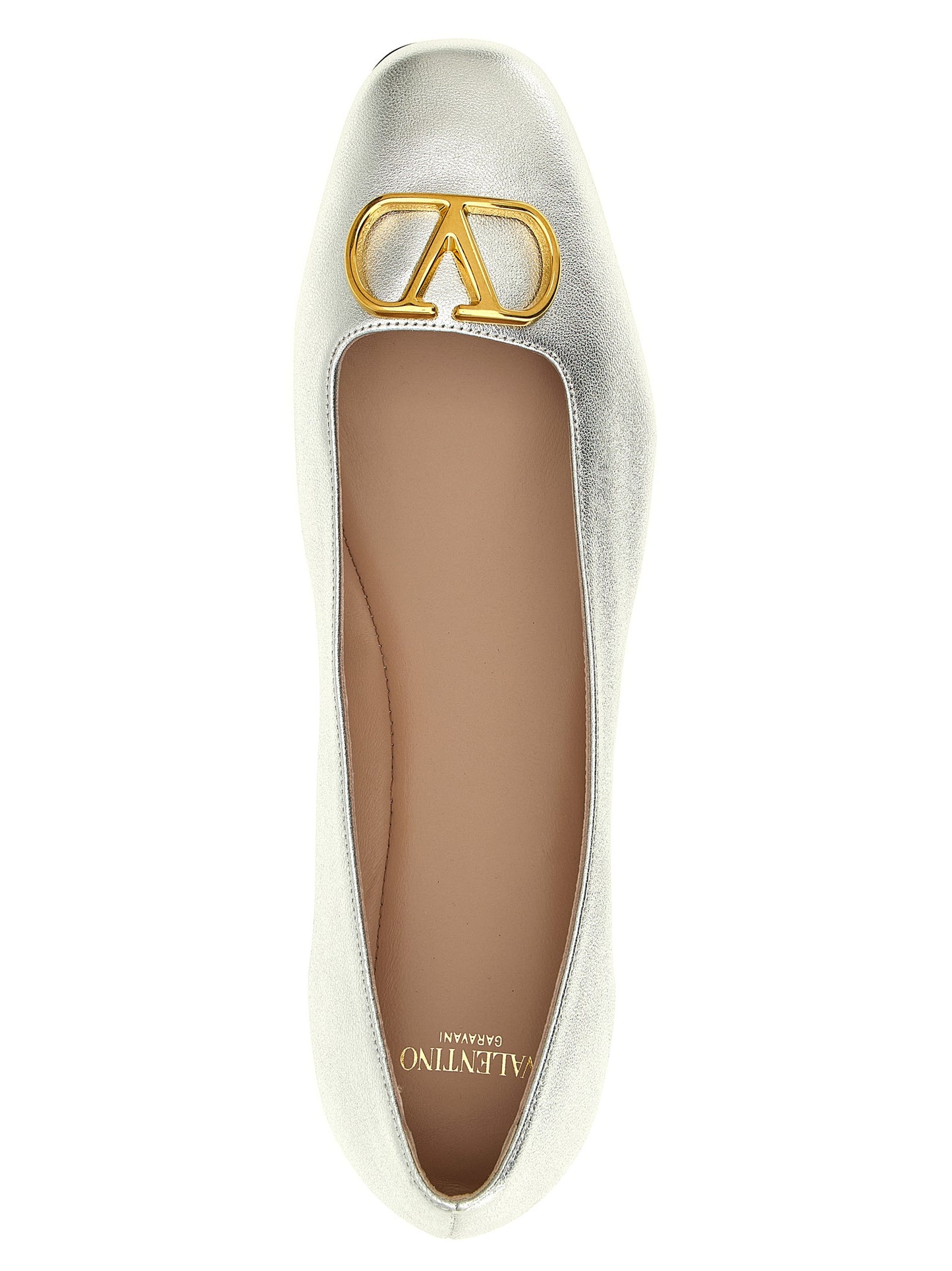 Ballet Flat Shoes by Valentino Garavani for women in lamb leather silver & signature showcases a enchanting silhouette as part of the V Logo Women's Lamb Leather Ballet Flat Shoes collection, defined by a enchanting square toe style and for a enchanting look.