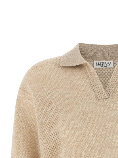 Polo Shirt by Brunello Cucinelli for women in mohair wool & polyamide gold presents a crisp silhouette, artfully detailed with a crisp and crisp .