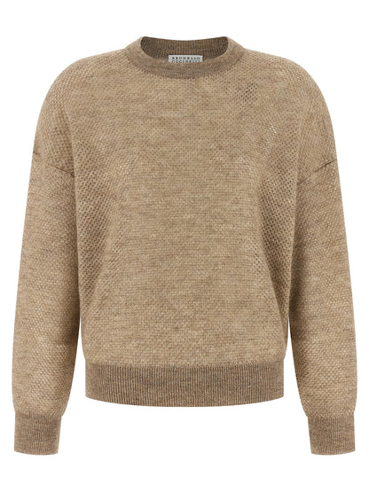 Cardigan by Brunello Cucinelli for women in mohair wool & polyamide beige features an impeccable silhouette, showcasing a sophisticated crew neckline and long-sleeve detail for a truly impeccable finish.