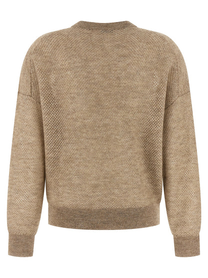 Cardigan by Brunello Cucinelli for women in mohair wool & polyamide beige presents a textural silhouette, artfully finished with a textural crew neckline and for a sophisticated, textural look.