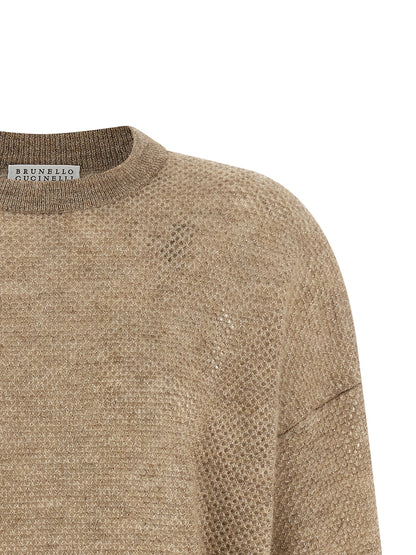 Cardigan by Brunello Cucinelli for women in mohair wool & polyamide beige features a dramatic silhouette, showcasing a sophisticated crew neckline and dramatic detail for a timeless, premium look.