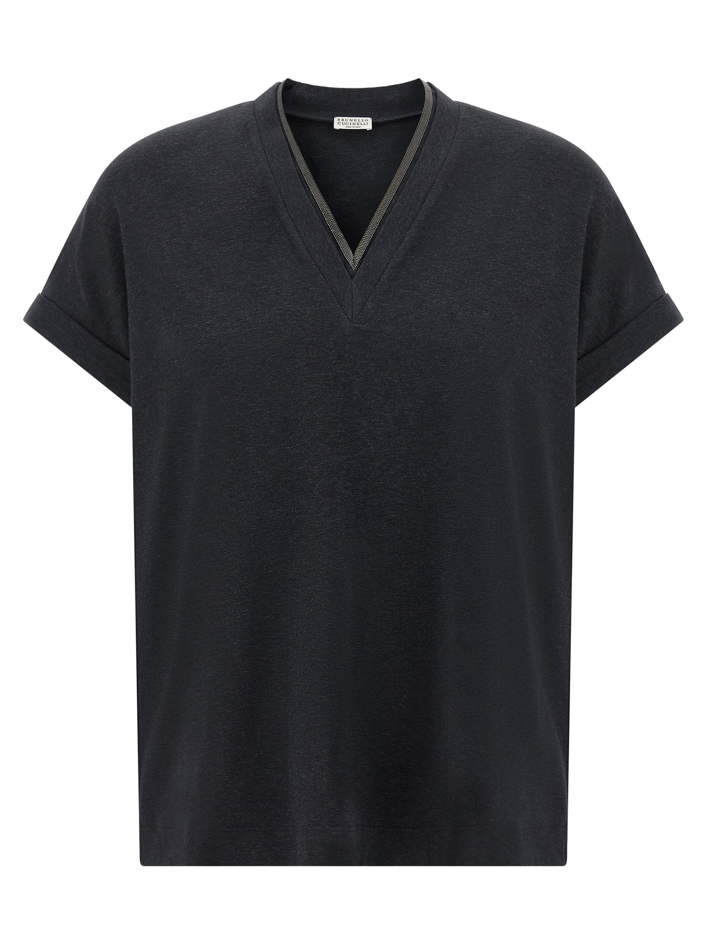 T-Shirt by Brunello Cucinelli for women in stretch cotton gray showcases a chic silhouette, artfully detailed with a chic v-neck neckline and short-sleeve for a chic finish.